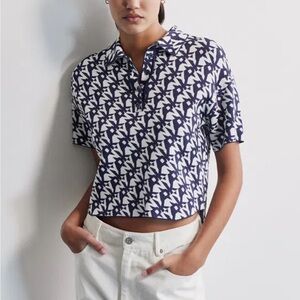 DKNY Navy and White Patterned Women's Top